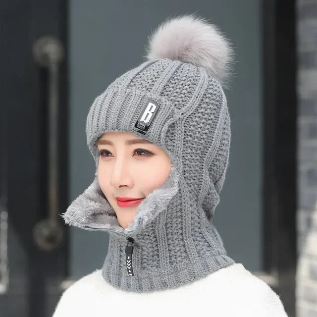 Women's Fur-Lined Knitted Hat with Face Protection