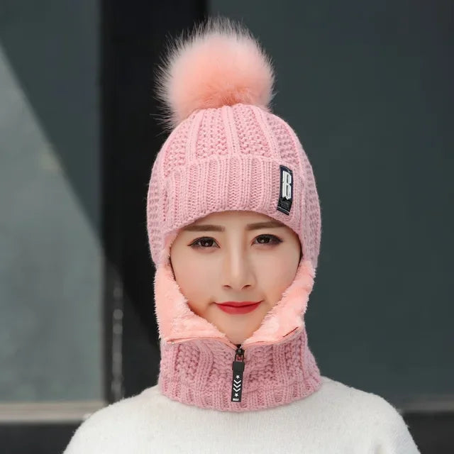 Women's Fur-Lined Knitted Hat with Face Protection