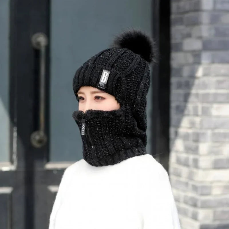 Women's Fur-Lined Knitted Hat with Face Protection