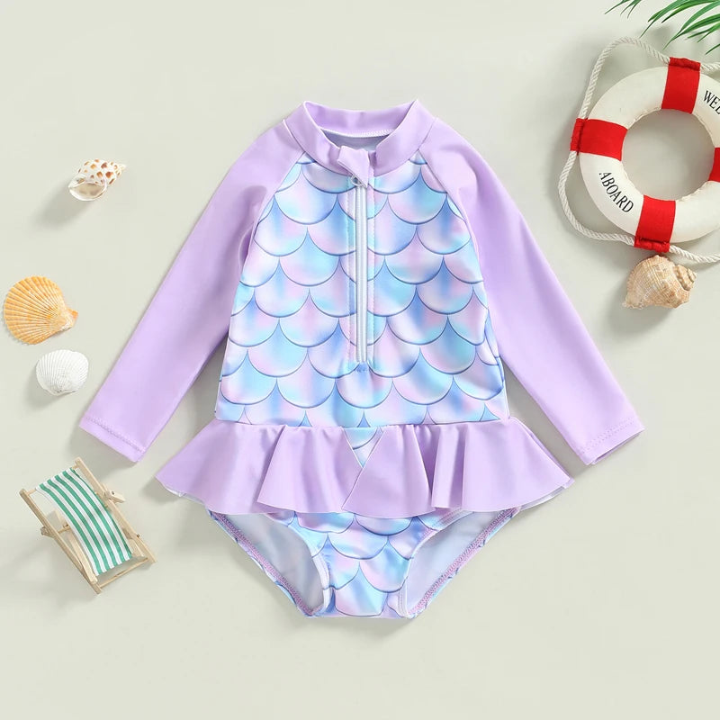 Girls Mermaid Print Long Sleeve  Swimsuit