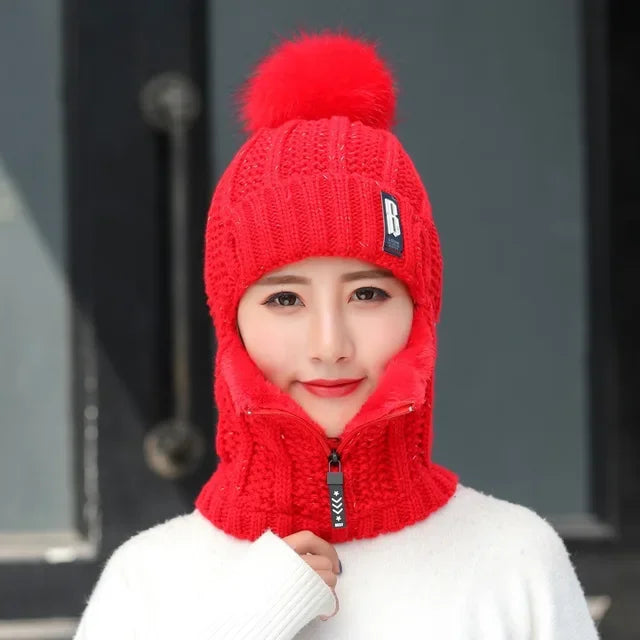 Women's Fur-Lined Knitted Hat with Face Protection