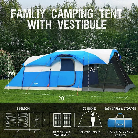 Lightweight Water Resistant 8 Person Family Tent with Screen Room