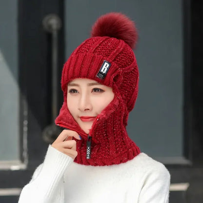 Women's Fur-Lined Knitted Hat with Face Protection