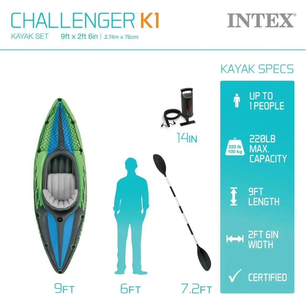 9 foot Challenger Inflatable 1 person Kayak, includes 86 in aluminum oar and pump