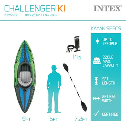 9 foot Challenger Inflatable 1 person Kayak, includes 86 in aluminum oar and pump