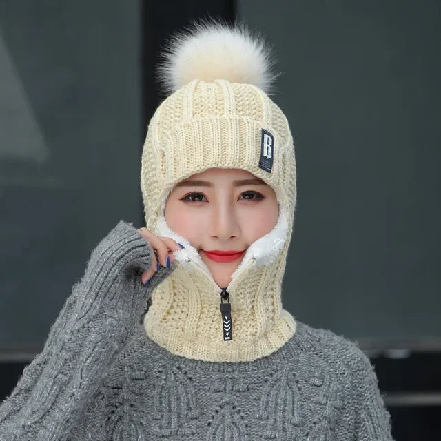 Women's Fur-Lined Knitted Hat with Face Protection