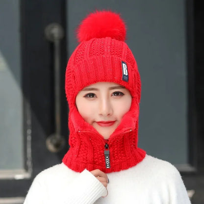 Women's Fur-Lined Knitted Hat with Face Protection