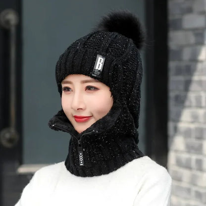 Women's Fur-Lined Knitted Hat with Face Protection