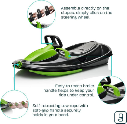 Adult's & Children's Snow Sled with Steering Wheel, Anti-slip Seat and Pull-up Brake