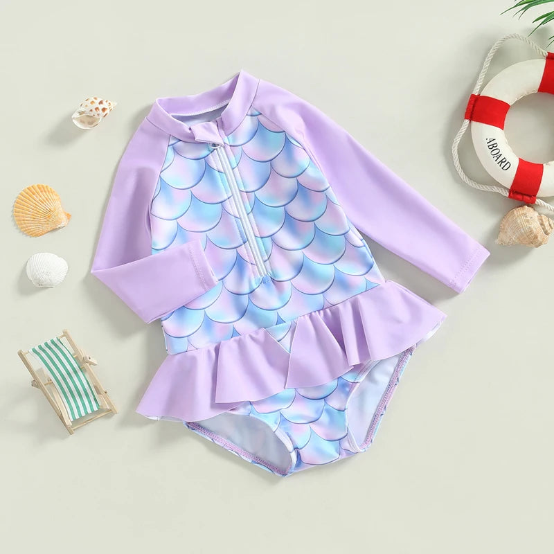 Girls Mermaid Print Long Sleeve  Swimsuit