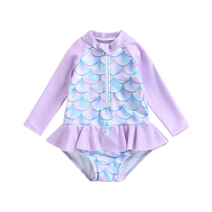 Girls Mermaid Print Long Sleeve  Swimsuit